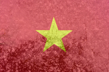 Vietnam national flag on a background of snow with large snow crystals close-up