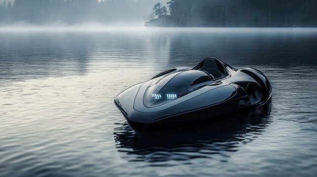 A black boat is floating on the water