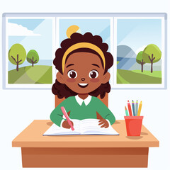 Flat design vector animation of a child sitting in a bright classroom, writing with concentration under natural light