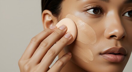 A closeup of a person applying foundation with a beauty sponge, smooth skin texture and even coverage visible, soft lighting and clean background, beauty routine focus, 8k resolution
