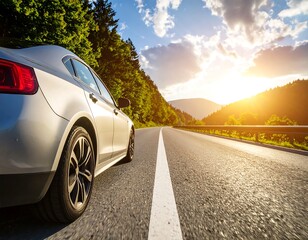 Fototapeta premium Car on a scenic highway at sunset