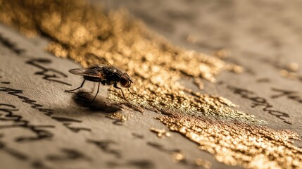 Fly on handwritten document with gold leaf