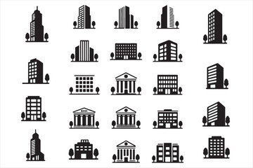 Building Silhouette Vector Set – Cityscape, Office, and Urban Architecture Icons

