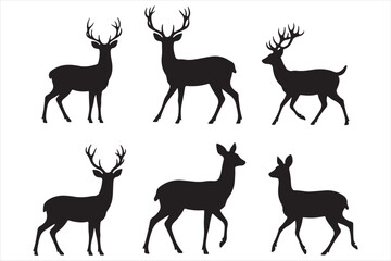 A striking vector set of diverse deer silhouettes, perfect for nature and wildlife illustrations featuring stags, reindeer, and elks with prominent antlers