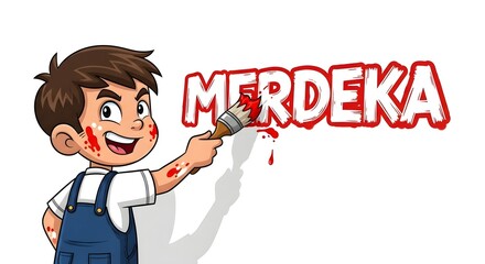 A cartoon boy paints the word "MERDEKA" in red on a white wall, with paint splattered on his face and arm.