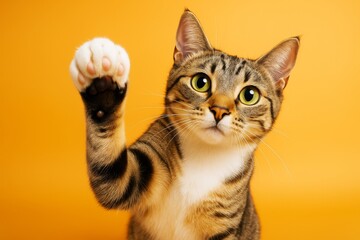 Obraz premium Curious tabby cat raises paw on vibrant yellow background in playful and expressive gesture, featuring realistic light and creative animal concept.
