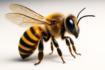 Close-up of a realistic bee with detailed texture and lighting on a soft white background, showcasing creative insect design and anatomy study.