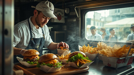 Chef assembling burgers inside a food truck, placing them into paper wraps or baskets with fries. Customers wait outside at the service window. Focus on speed, taste, and handmade quality.