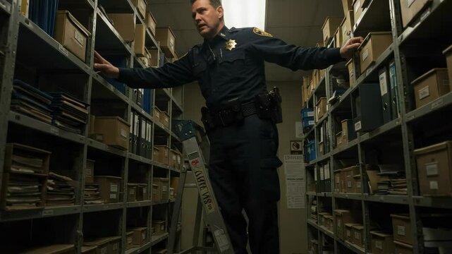 A dedicated male police officer on a stepladder searches through old case files and evidence boxes in a vast, dimly lit police archive room.
