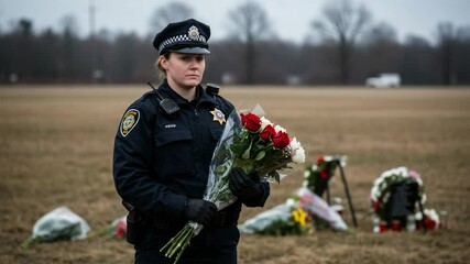 Somber female police officer holding a bouquet of roses at a memorial. Caucasian woman in uniform paying respects at a vigil. Law enforcement officer grieving in a field with floral tributes.
