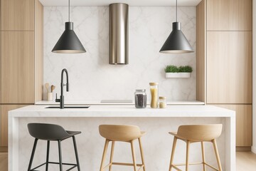 Modern minimalist kitchen interior with marble countertops, wooden cabinets, and black pendant lighting in a bright contemporary room.