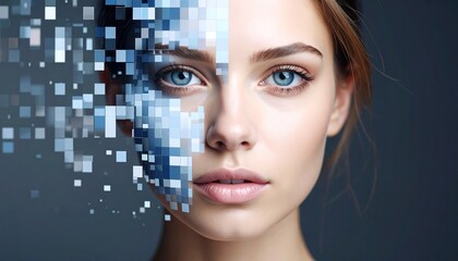 A woman's face morphs into a digital pixelated representation, showcasing technology's influence.