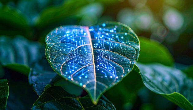 A vibrant green leaf with digital circuit patterns, symbolizing technology and nature's fusion.
