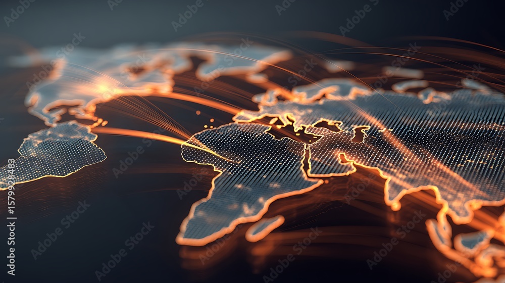 Poster world map illuminated with orange lines showing global connections