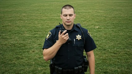 Young Caucasian police officer in uniform standing in a grassy field. Law enforcement professional using a two-way radio while on duty. Portrait of a serious cop looking at the camera.