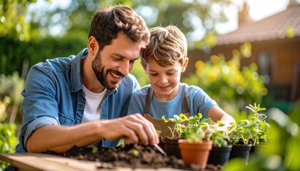 Father and son planting seedlings in a garden, enjoying a bonding activity outdoors.