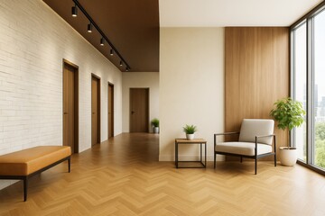 Contemporary office hallway and waiting area with wooden doors, indoor plants, and modern furniture, flooded with natural light from large windows.