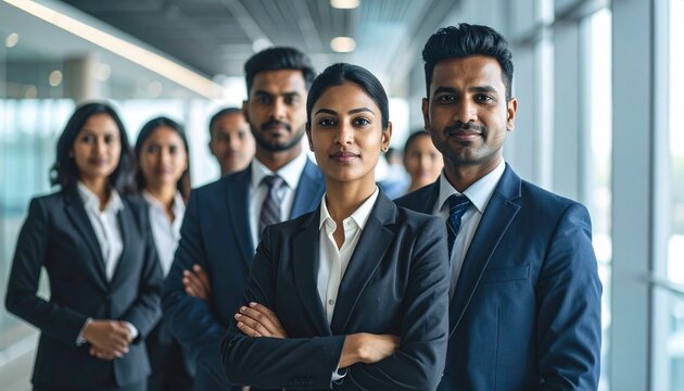 Diverse business professionals in formal attire, standing in a row, confidently posing.