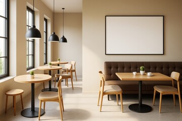 Modern cozy cafe interior with wooden furniture, large blank frame on wall and natural light through windows, perfect for branding or design mockup.