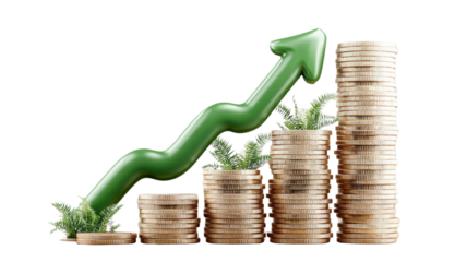 A green arrow is pointing upwards and is surrounded by stacks of gold coins