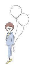 風船を後ろで持つスーツ姿の女性イラスト