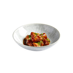Delicious sesame chicken dish in a white bowl tasty on transparent background