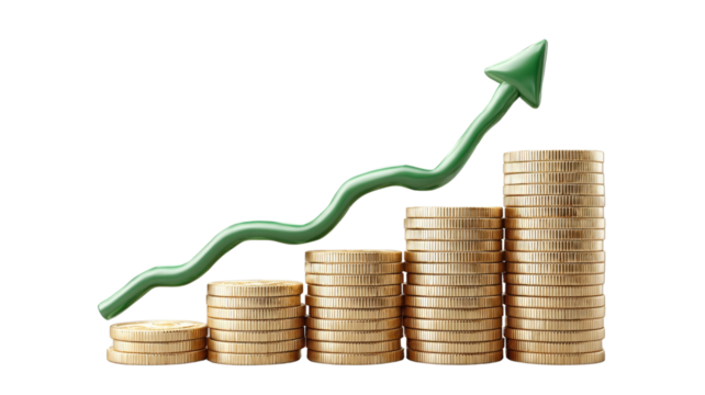 A green arrow is pointing upwards and is above a stack of gold coins