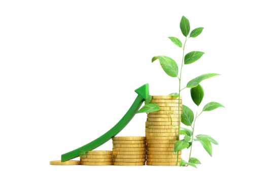 A green arrow is pointing upward, with a pile of gold coins below it