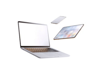 A laptop and two cell phones are floating in the air