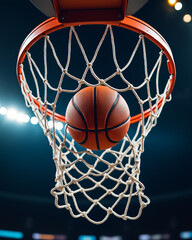 Fototapeta premium Basketball Swishing Through Hoop in Dramatic Indoor Arena Lighting and Atmosphere