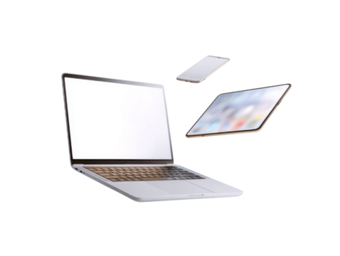 A laptop and two cell phones are floating in the air - Powered by Adobe