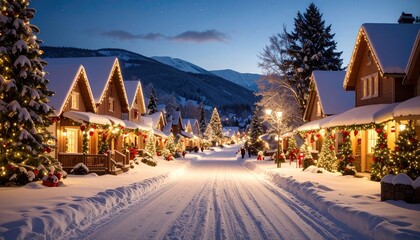 Snowy village street at night, decorated for holidays