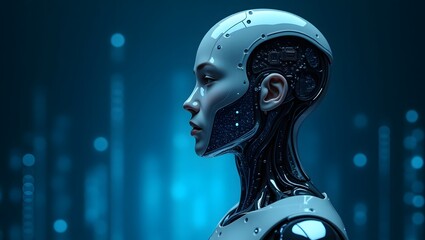 Futuristic AI Robot Head Side View with Circuit Board – Digital Humanoid Face on Tech Blue Background