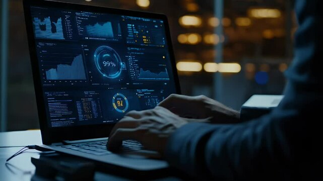 Close-up of person working on laptop with data visualizations