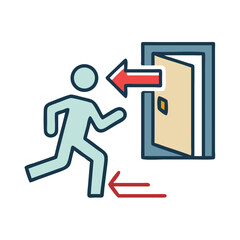 Emergency Exit Illustration of Person Heading Towards Exit Door with Directional Arrow