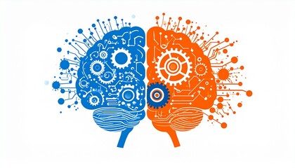 A conceptual design of a mechanical and digital brain, illustrating the dual processes of logical and creative thinking.