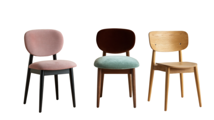 Three chairs are shown in a row, with one being pink, one being green