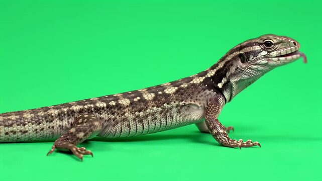 Tegu Lizard with Tongue Out Against Vibrant Green Background