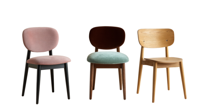 Three chairs are shown in a row, with one being pink, one being green