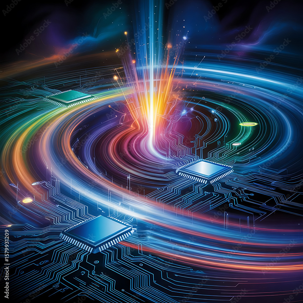 Poster exploring the vibrant diversity of virtual fractal realms, an abstract illustration of light, color,