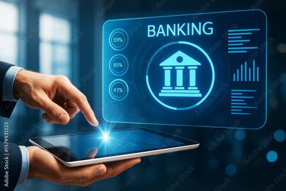 Poster digital banking technology concept with businessman using tablet and futuristic banking interface on