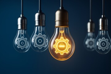 Glowing light bulb with gear symbol among unlit bulbs on dark background symbolizing innovation, creativity, and business leadership concept.