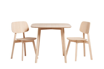 A wooden table and two chairs are arranged in a room