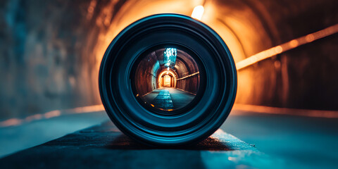 Close-Up Camera Lens in Tunnel with Cinematic Lighting