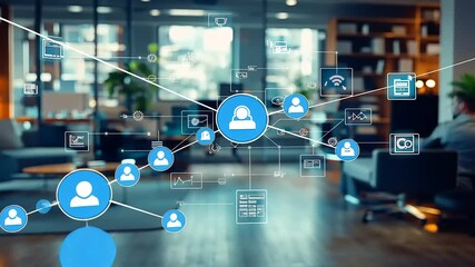 Modern office interior with digital networking icons, showcasing collaboration and technology in action - Powered by Adobe