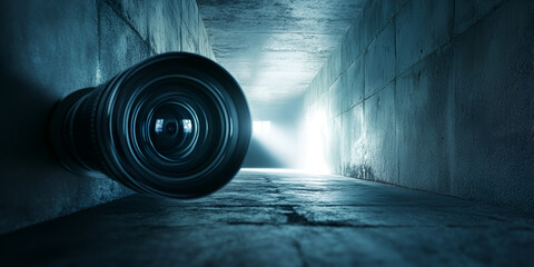 Camera Lens on Tunnel Wall with Dramatic Lighting