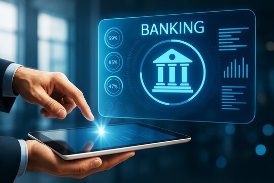 Digital banking technology concept with businessman using tablet and futuristic banking interface on blue light background in business environment.