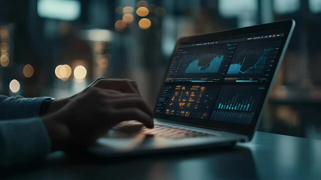 Close-up of person working on laptop with financial data graphs