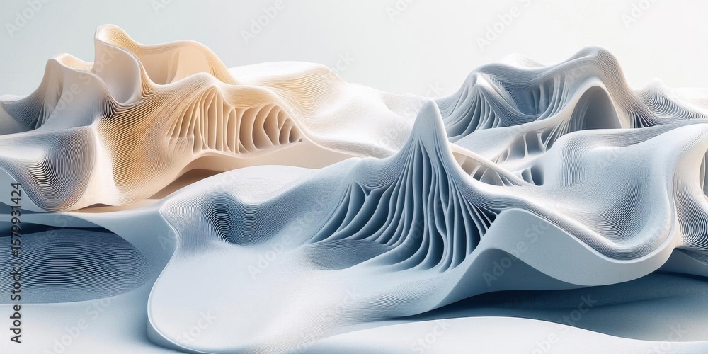 Poster explore abstract architecture landscape with flowing forms and architectural design.
