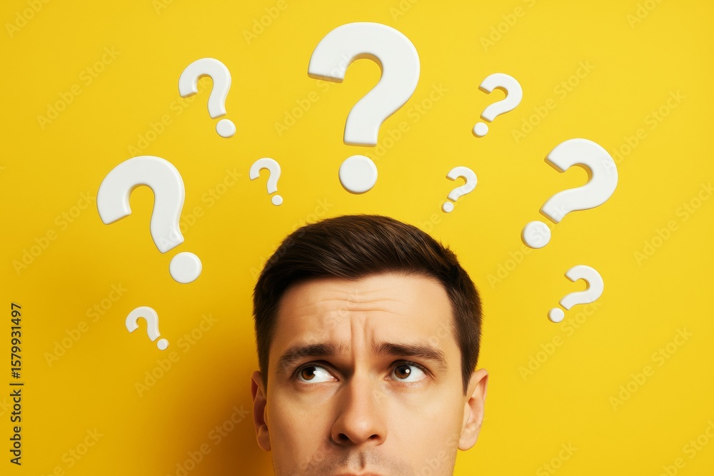 Poster confused man surrounded by floating question marks on bright yellow background, symbolizing uncertai